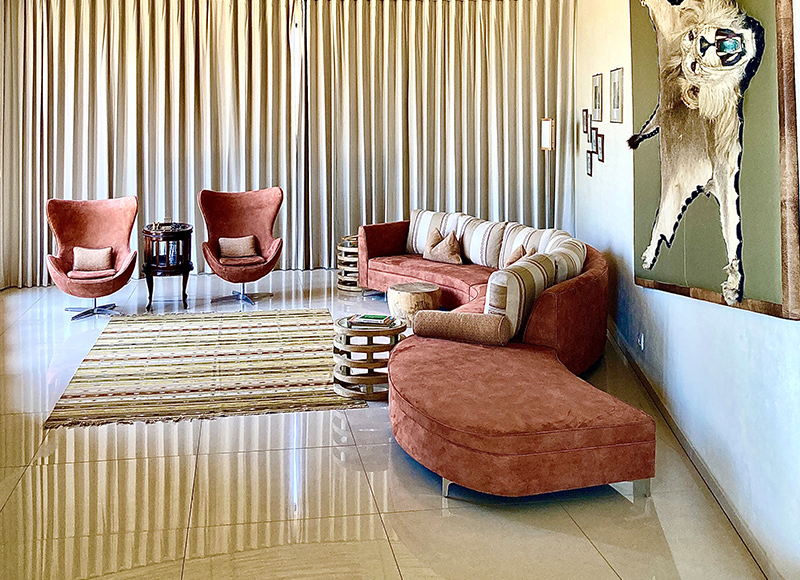 Beautiful couches next to a lion trophy 
